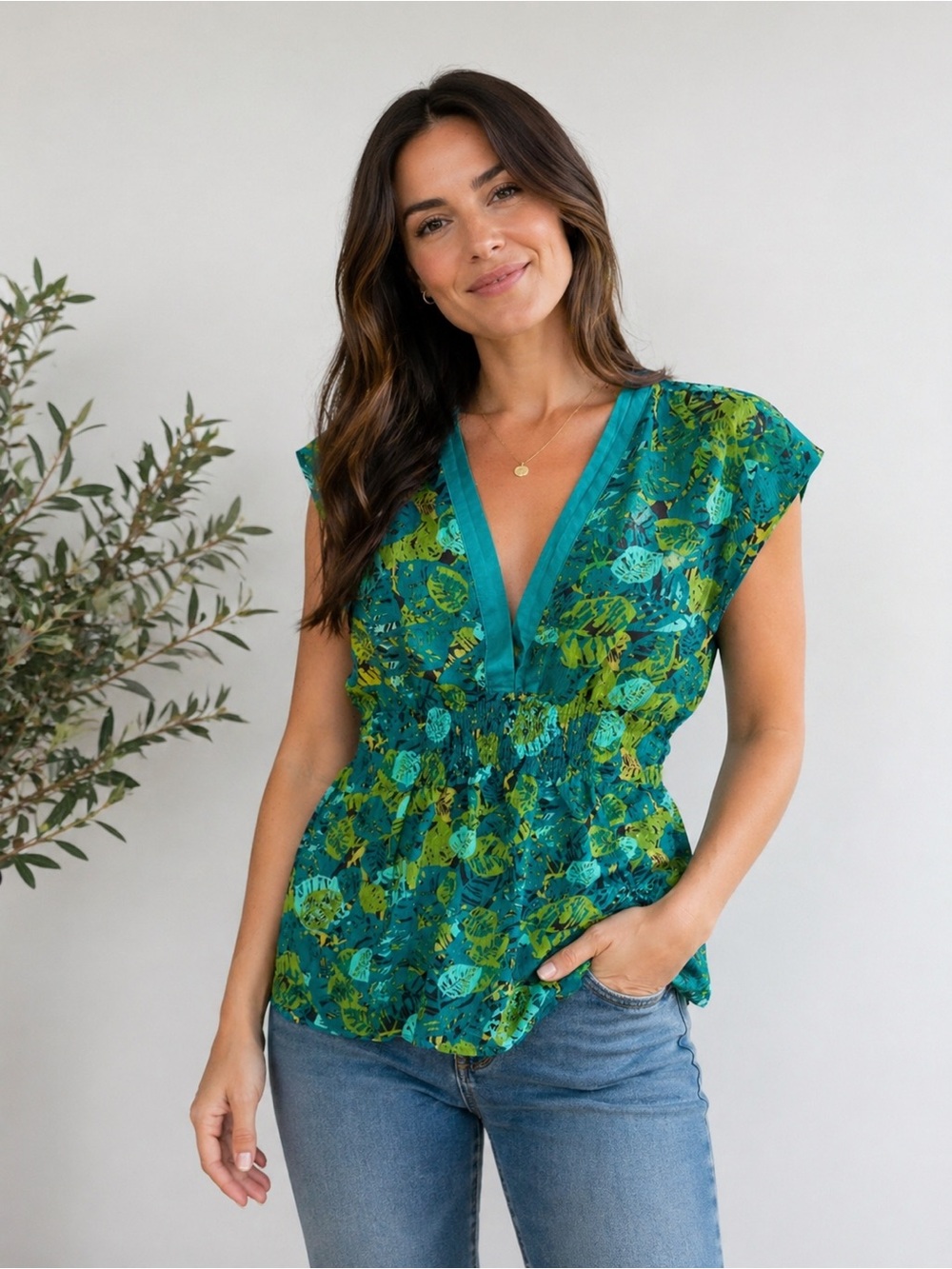 New York & Company Teal and Green Leaf-Print V-Neck Blouse